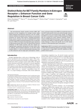 Distinct Roles for BET Family Members in Estrogen Receptor a Enhancer Function and Gene Regulation in Breast Cancer Cells