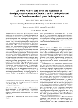 All‑Trans Retinoic Acid Alters the Expression of the Tight Junction Proteins Claudin‑1 and ‑4 and Epidermal Barrier Function‑Associated Genes in the Epidermis