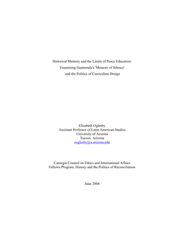 Historical Memory and the Limits of Peace Education: Examining Guatemala's 'Memory of Silence' and the Politics of Curriculum Design