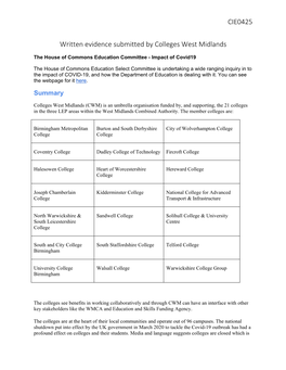 CIE0425 Written Evidence Submitted by Colleges West Midlands