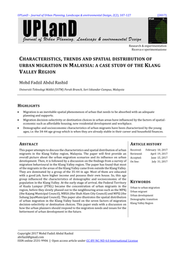 Characteristics, Trends and Spatial Distribution of Urban Migration in Malaysia: a Case Study of the Klang Valley Region