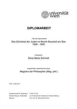 Das Schicksal Der Juden Im Bezirk Neusiedl Am See 1938 - 1945