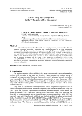 Achene Fatty Acid Composition in the Tribe Anthemideae (Asteraceae)