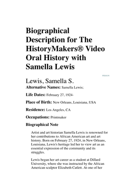 Biographical Description for the Historymakers® Video Oral History with Samella Lewis