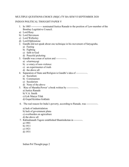 Ty Ba Sem Vi September 2020 Indian Political Thought Paper V 1