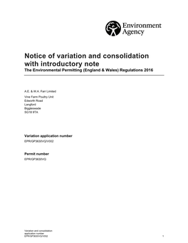 Notice of Variation and Consolidation with Introductory Note the Environmental Permitting (England & Wales) Regulations 2016