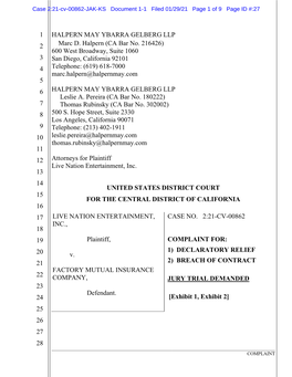 [Exhibit 1, Exhibit 2] 25 26 27 28 COMPLAINT Case 2:21-Cv-00862-JAK-KS Document 1-1 Filed 01/29/21 Page 2 of 9 Page ID #:28