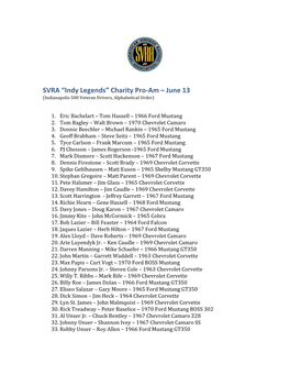 “Indy Legends” Charity Pro-Am – June 13 (Indianapolis 500 Veteran Drivers, Alphabetical Order)