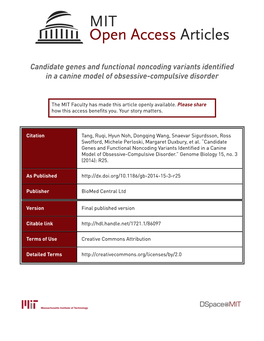 Candidate Genes and Functional Noncoding Variants Identified in a Canine Model of Obsessive-Compulsive Disorder