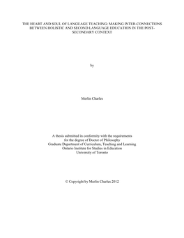 The Heart and Soul of Language Teaching: Making Inter-Connections Between Holistic and Second Language Education in the Post- Secondary Context