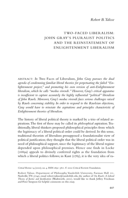 John Gray's Pluralist Politics and the Reinstatement Of