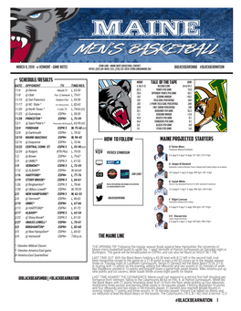 MAINE PROJECTED STARTERS 12/16 @ Duquesne ESPN+ L, 72-46 12/22 CENTRAL CONN