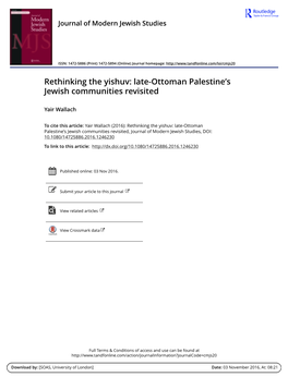 Rethinking the Yishuv: Late-Ottoman Palestine's Jewish Communities