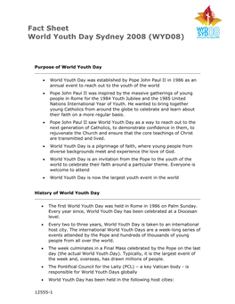 Fact Sheet World Youth Day Sydney 2008 (WYD08)