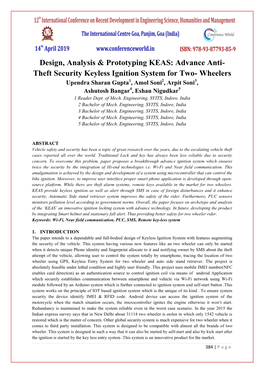 Advance Anti- Theft Security Keyless Ignition System for Two- Wheelers Upendra Sharan Gupta1, Amol Soni2, Arpit Soni3, Ashutosh Bangar4, Eshan Nigudkar5 1 Reader Dept