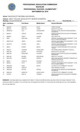 Professional Regulation Commission Bacolod Professional Teacher - Elementary September 29, 2019