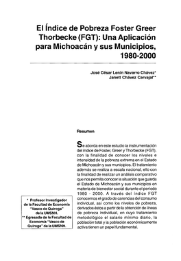 El Índice De Pobreza Foster Greer Thorbecke (FGT): Una Aplicación Para Michoacán Y Sus Municipios, 1980-2000