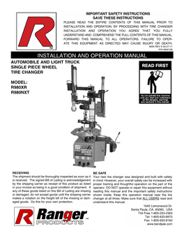 Installation and Operation Manual Automobile and Light Truck Single Piece Wheel Tire Changer