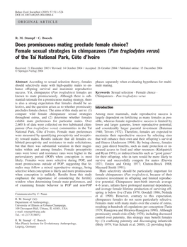 Does Promiscuous Mating Preclude Female Choice? Female Sexual Strategies in Chimpanzees (Pan Troglodytes Verus) of the Ta� National Park, C�Te D�Ivoire