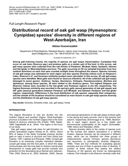 Distributional Record of Oak Gall Wasp (Hymenoptera: Cynipidae) Species’ Diversity in Different Regions of West-Azerbaijan, Iran