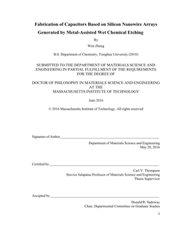 Fabrication of Capacitors Based on Silicon Nanowire Arrays Generated by Metal-Assisted Wet Chemical Etching by Wen Zheng