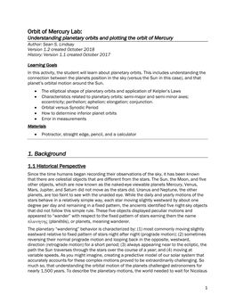 Orbit of Mercury Lab: 1. Background