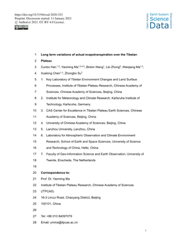 Long-Term Variations in Actual Evapotranspiration Over the Tibetan