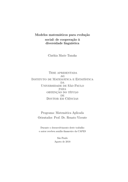 Modelos Matemáticos Para Evolução Social: De Cooperação À Diversidade Linguística