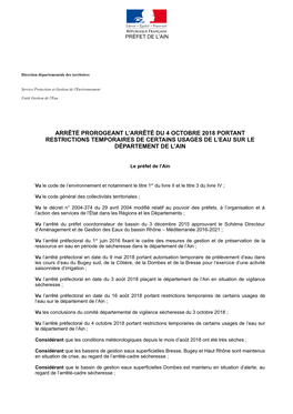 Arrêté Prorogeant L'arrêté Du 4 Octobre 2018 Portant Restrictions Temporaires De Certains Usages De L'eau Sur Le Départ