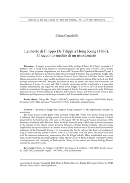 La Morte Di Filippo De Filippi a Hong Kong (1867). Il Racconto Inedito Di Un Missionario