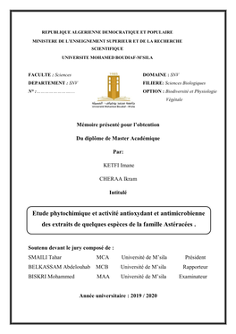 Etude Phytochimique Et Activité Antioxydant Et Antimicrobienne Des