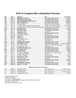 2018-19 Creighton Men's Basketball Schedule