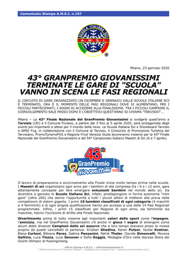 43° Granpremio Giovanissimi Terminate Le Gare Di "Scuola" Vanno in Scena Le Fasi Regionali