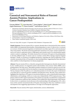 Canonical and Noncanonical Roles of Fanconi Anemia Proteins: Implications in Cancer Predisposition