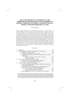 Balancing Rights in a Democracy: the Problems with Limitations and Overrides of Rights Under the Victorian Charter of Human Rights and Responsibilities Act 2006