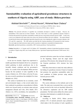 Sustainability Evaluation of Agricultural Greenhouse Structures in Southern of Algeria Using AHP, Case of Study: Biskra Province