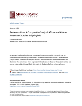 Pentecostalism: a Comparative Study of African and African American Churches in Springfield