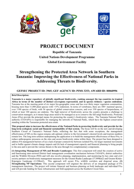 Strengthening the Protected Area Network in Southern Tanzania: Improving the Effectiveness of National Parks in Addressing Threats to Biodiversity