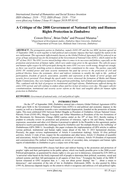 A Critique of the 2008 Government of National Unity and Human Rights Protection in Zimbabwe