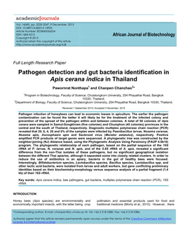 Pathogen Detection and Gut Bacteria Identification in Apis Cerana Indica in Thailand