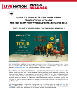 Quinn Xcii Announces Sophomore Album from Michigan with Love and 2019 ‘From Tour with Love’ Headline World Tour