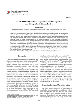 Essential Oil of Marrubium Vulgare: Chemical Composition and Biological Activities