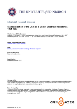 Standardization of the Ohm As a Unit of Electrical Resistance