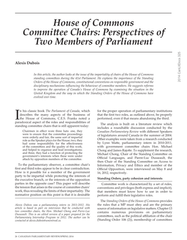 House of Commons Committee Chairs: Perspectives of Two Members of Parliament