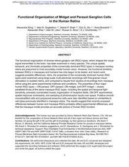 Functional Organization of Midget and Parasol Ganglion Cells in the Human Retina
