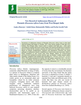 New Record of Anthracnose Disease of Pleomele (Dracaena Reflexa Lam.) from West Bengal, India