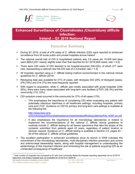 (Clostridium) Difficile Infection: Ireland – Q1 2019 National Report