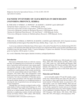 Faunistic Inventory of Click Beetles in Srem Region (Vojvodina Province, Serbia) B