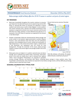 December 2018 to May 2019 Below-Average Rainfall Will Likely Affect the 2018/19 Season in Southern and Parts of Central Regions