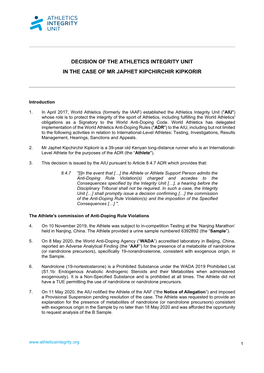 Decision of the Athletics Integrity Unit in the Case of Mr Japhet Kipchirchir Kipkorir